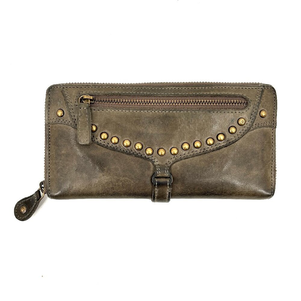 AUNTS & UNCLES Gray Brown Distressed Leather Studded Western Boho Long Wallet